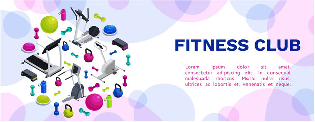 Isometric fitness banner with vector icons of sports equipment, colorful background with dumbells,  platforms, bosu ball or half ball, bottle, set of workout accessories, template for flyer, poster - 165436376