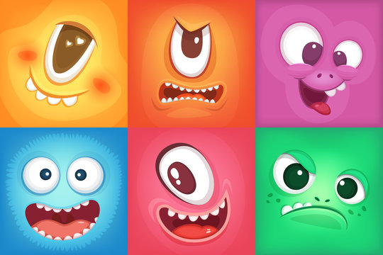 Monster cartoon faces. Demon smiles and big crazy mouth. Vector pictures