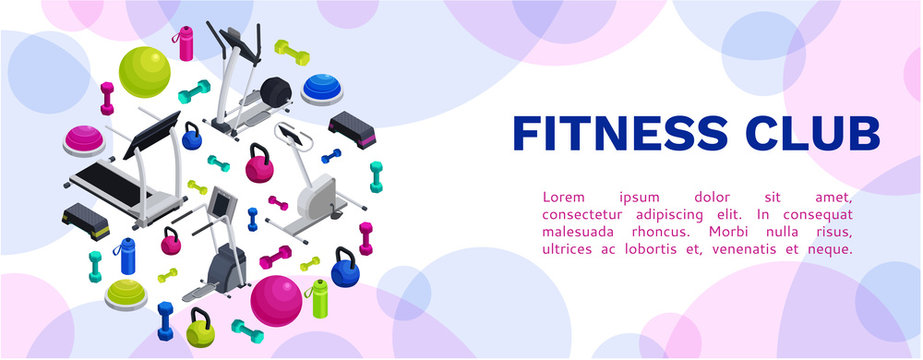 Isometric fitness banner with vector icons of sports equipment, colorful background with dumbells,  platforms, bosu ball or half ball, bottle, set of workout accessories, template for flyer, poster