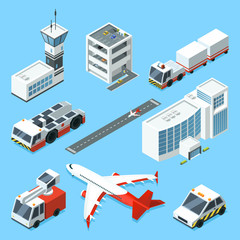 Airline terminal, aero tower, airplane and different support machines of airport