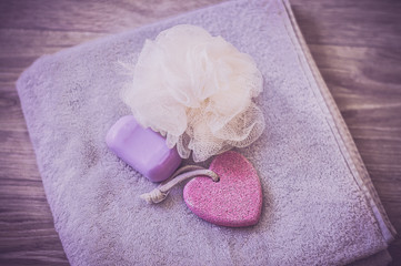 a bathroom set in purple tones