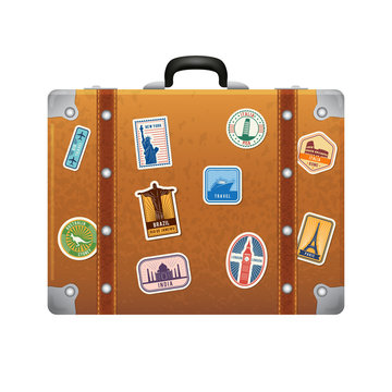 Travel stickers on retro leather suitcase. Vector labels set