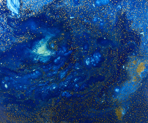 Obraz premium Marbled blue and golden abstract background. Liquid marble pattern