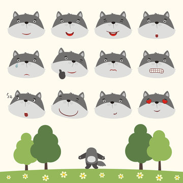 Emoticons set face of wolf in cartoon style. Collection isolated heads of wolf in different emotion and body on meadow with trees.