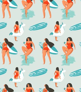 Hand drawn vector abstract fun summer time fun illustration seamless pattern with group girls,surfboards and unicorn buoy circles on water textured background