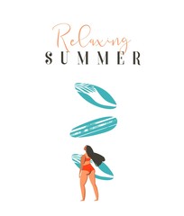 Hand drawn vector abstract cute summer time beach surfer girl illustration with red bikini,surfboard and modern calligraphy quote Relaxing Summer isolated on white background