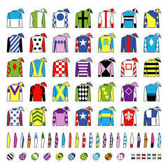 Jockey uniform. Traditional design. Jackets, silks, sleeves and hats. Horse riding. Horse racing. Icons set. Isolated on white. Vector illustration.