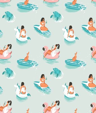Hand drawn vector cartoon summer time seamless pattern with girls,pool floats,dog,dolphin an surfboard isolated on blue waves background