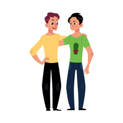 Fototapeta premium Male friendship - two boys, men, friends hugging each others, waving, cartoon vector illustration isolated on white background. Front view portrait of boys, men, friends standing, hugging each other