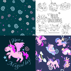 cute unicorn seamless pattern, magic pegasus flying with wing and horn on rainbow, fantasy horse vector illustration, myth creature dreaming background.