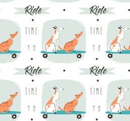 Hand drawn vector cartoon drawing summer time fun seamless pattern illustration with riding dogs on skateboards and long boards and modern typography quote Time to ride isolated on white background
