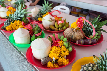 Fruits and flower at the sacrifice ceremony Ganesh god in temple Nakhon Nayok, Thailand.