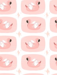 Hand drawn vector abstract cartoon summer time fun pop illustration seamless pattern with pink flamingo buoy float circle isolated on white background