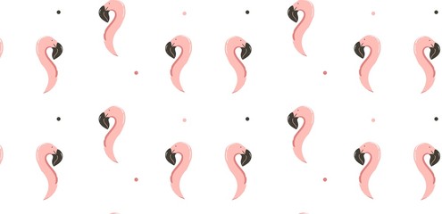 Hand drawn vector abstract summer time simple minimalistic seamless pattern with pink flamingo head isolated on white background.
