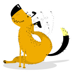 The dog itches. Domestic or stray dog with skin parasites. Pet and fleas.
