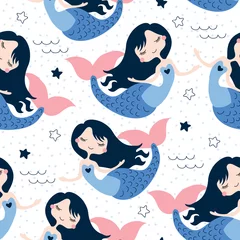 Wallpaper murals Sea waves seamless beautiful mermaid girl pattern vector illustration