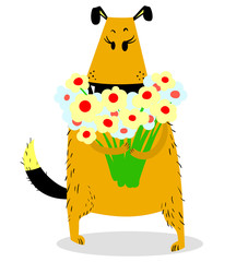 Dog with a bouquet of flowers. Grateful mood. Cute standing pet with large eyelashes
