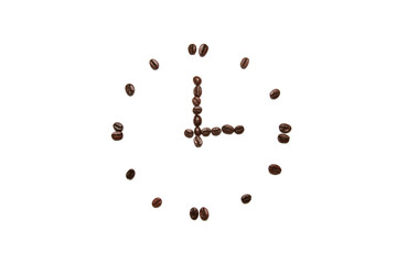 Coffee beans arranged on a white background. Time of Coffee