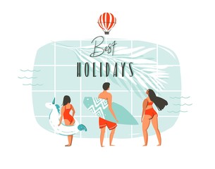 Hand drawn vector abstract summer time fun cartoon illustration with young happy family,swimming pool,tropical palm leaves,hot air balloon and modern typography Best holidays isolated on white