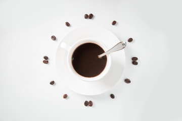 Coffee beans arranged on a white background. Time of Coffee