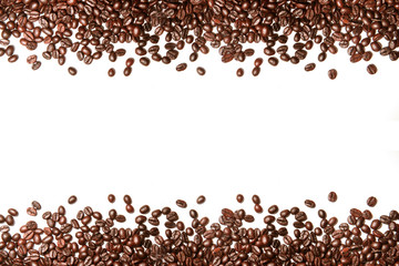 Coffee beans arranged on a white background.