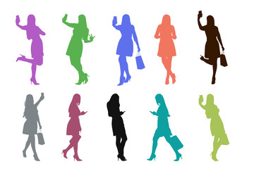 colored silhouettes of womanwith phone in set