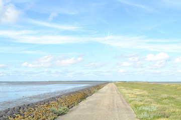 Fototapeta premium een asfaltweg op een dijk in de Waddenzee met zicht op Schiermonnikoog