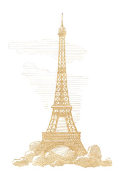 Eiffel Tower, Paris.  Graphic linear tonal drawing by slate pencil. Sepia, toned paper. Isolated on white background