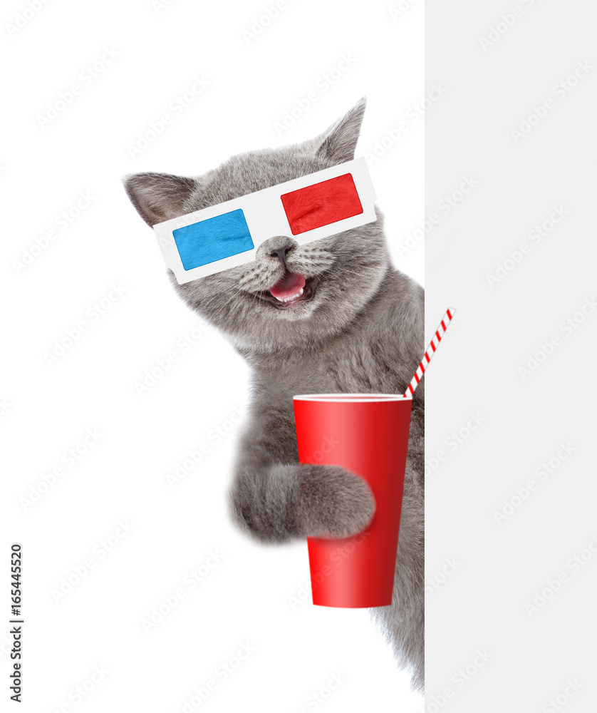 Poster happy cat in the 3d glasses with cola behind white banner. isolated on white background