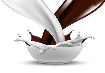 Milk and hot chocolate pouring in same bowl and splashing