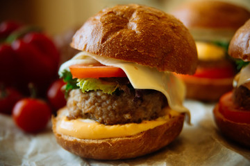 Big sandwich - hamburger with juicy chicken burger, cheese, tomato, and red onion on black background