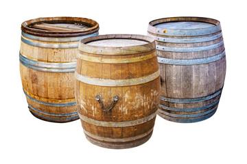 Fototapeta premium Groups old wooden barrel for champagne, wine, whiskey, rum, beer, with steel ring on white background.