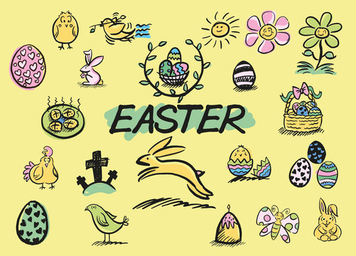 A set of hand drawn Easter related doodles in a loose, colourful style