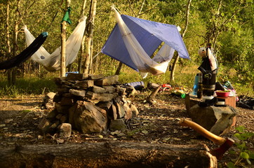 outdoor camping and sleeping in hammocks