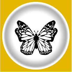 icon black butterfly on white plate with yellow background.