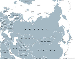 Eurasia political map with countries and borders. Combined continental landmass of Europe and Asia located in Northern and Eastern Hemispheres. Gray illustration over white. English labeling. Vector. - obrazy, fototapety, plakaty