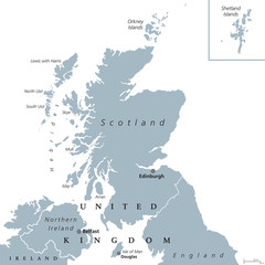 Scotland political map with capital Edinburgh. Country and part of the United Kingdom. Covers the northern third of the island of Great Britain. Gray illustration over white. English labeling. Vector.
