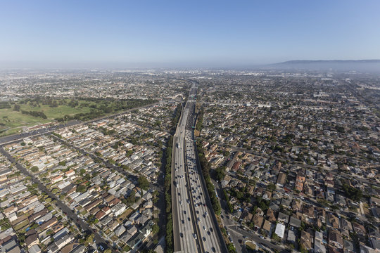 Aerial view of the San Diego 405 Freeway in the Lawndale and Torrance neighborhoods in Los Angeles County, California.  