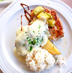 Grilled chicken fillet and vegetables,top view