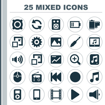 Media Icons Set. Collection Of Zoom In, Tuner, Synchronize And Other Elements. Also Includes Symbols Such As Music, Application, Mouse.