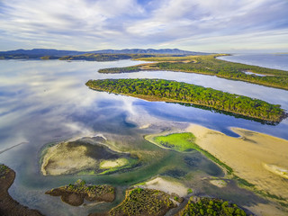 Aerial view of Horse Island and Ocean Coastline. Mallacoota, Victoria, Australia