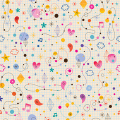 fun cartoon abstract art retro seamless pattern with cute characters
