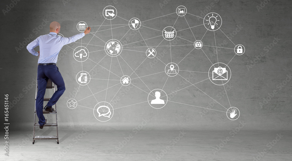 Poster Businessman using social network interface on a wall 3D rendering