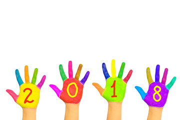 Kids colorful hands forming number 2018. Isolated on white