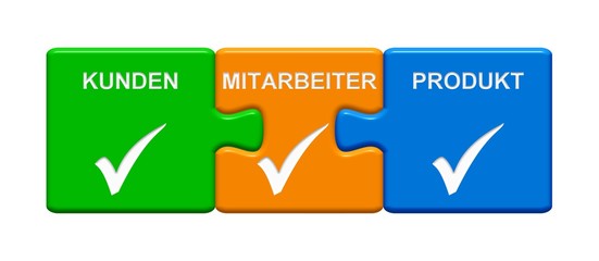 3 Puzzle Buttons zeigen Kunden Mitarbeiter Produkt