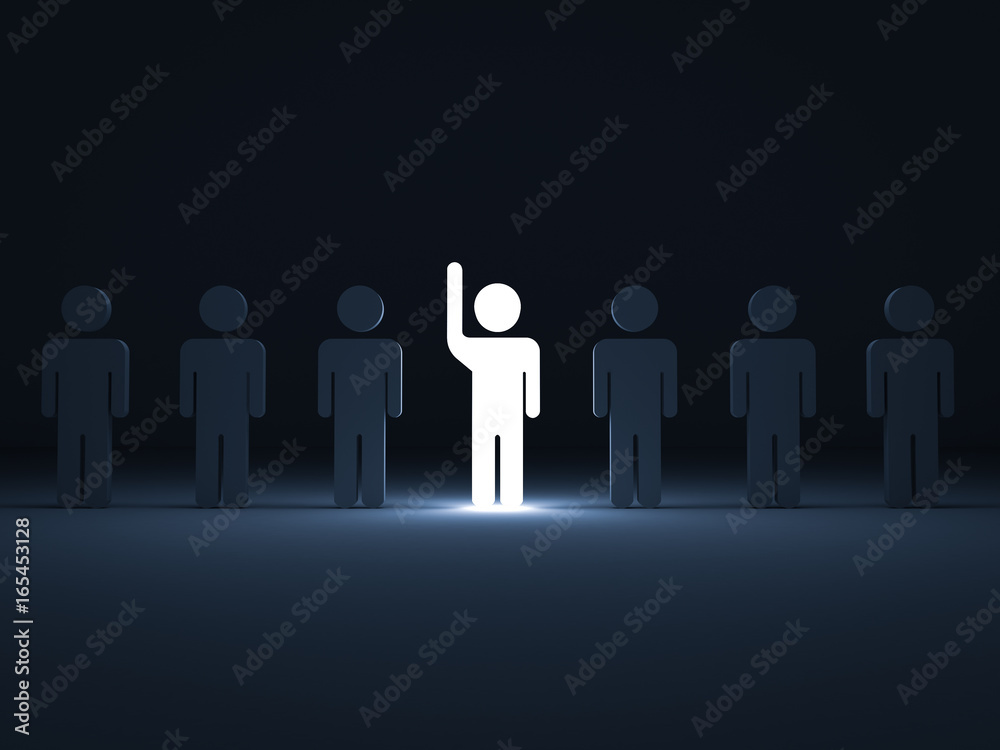 Poster stand out from the crowd and different concept , one glowing light man raising his hand among other 
