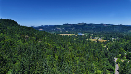 Aerial view of the Oregon countryside, McKenzie River in the distance