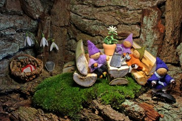 Vier kleine Wichtel in ihrer Wichtelhöhle mit Haustier 