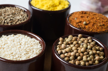 Spices and herbs in ceramic bowls. seasoning. Colorful natural additives.