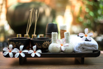 Thai Spa massage compress balls, herbal ball and treatment  spa, relax and healthy care with flower, Thailand.  Healthy Concept. select focus